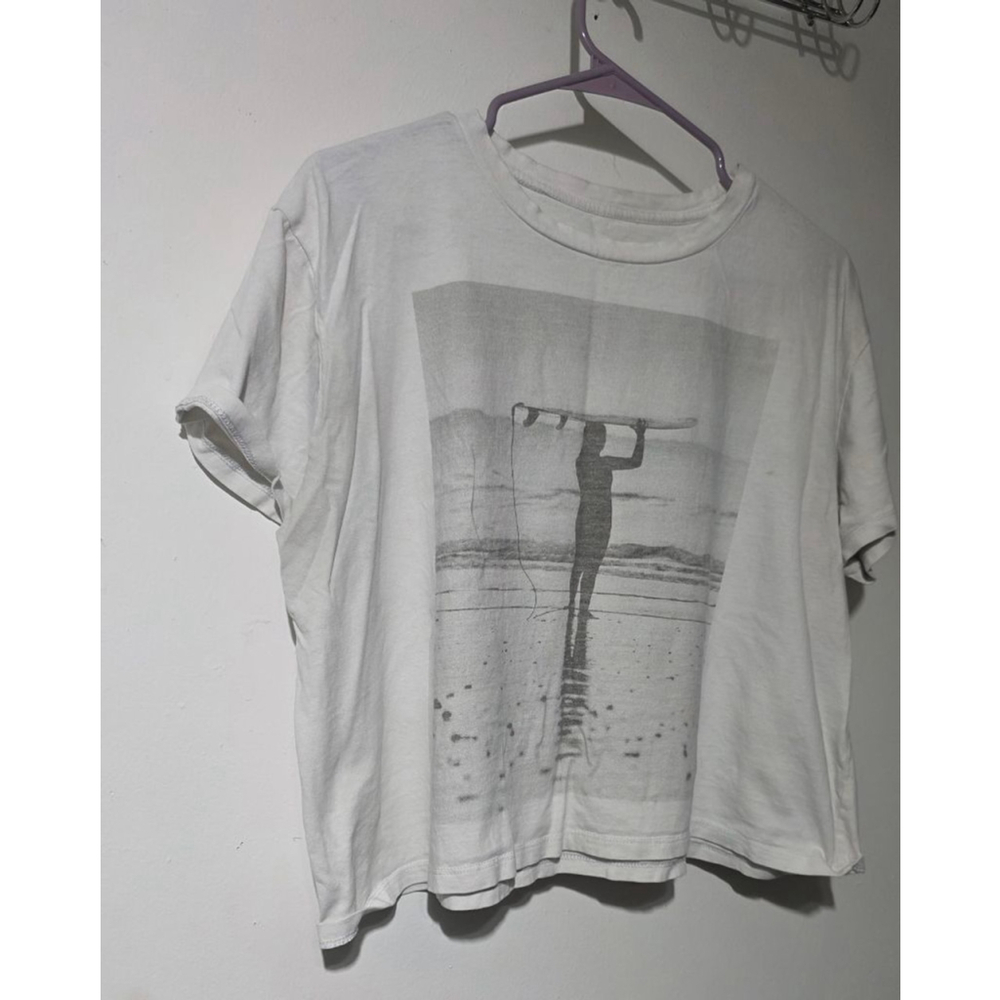 Women's Unbranded Short Sleeve Tee M‎ White Black Surfer Graphic crop top